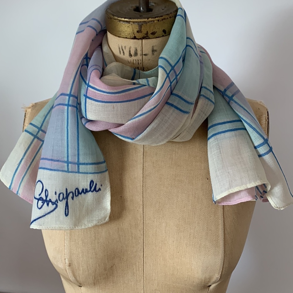 Vintage 1950s Schiaparelli scarf pink blue plaid 14 x 66 w/ defects
